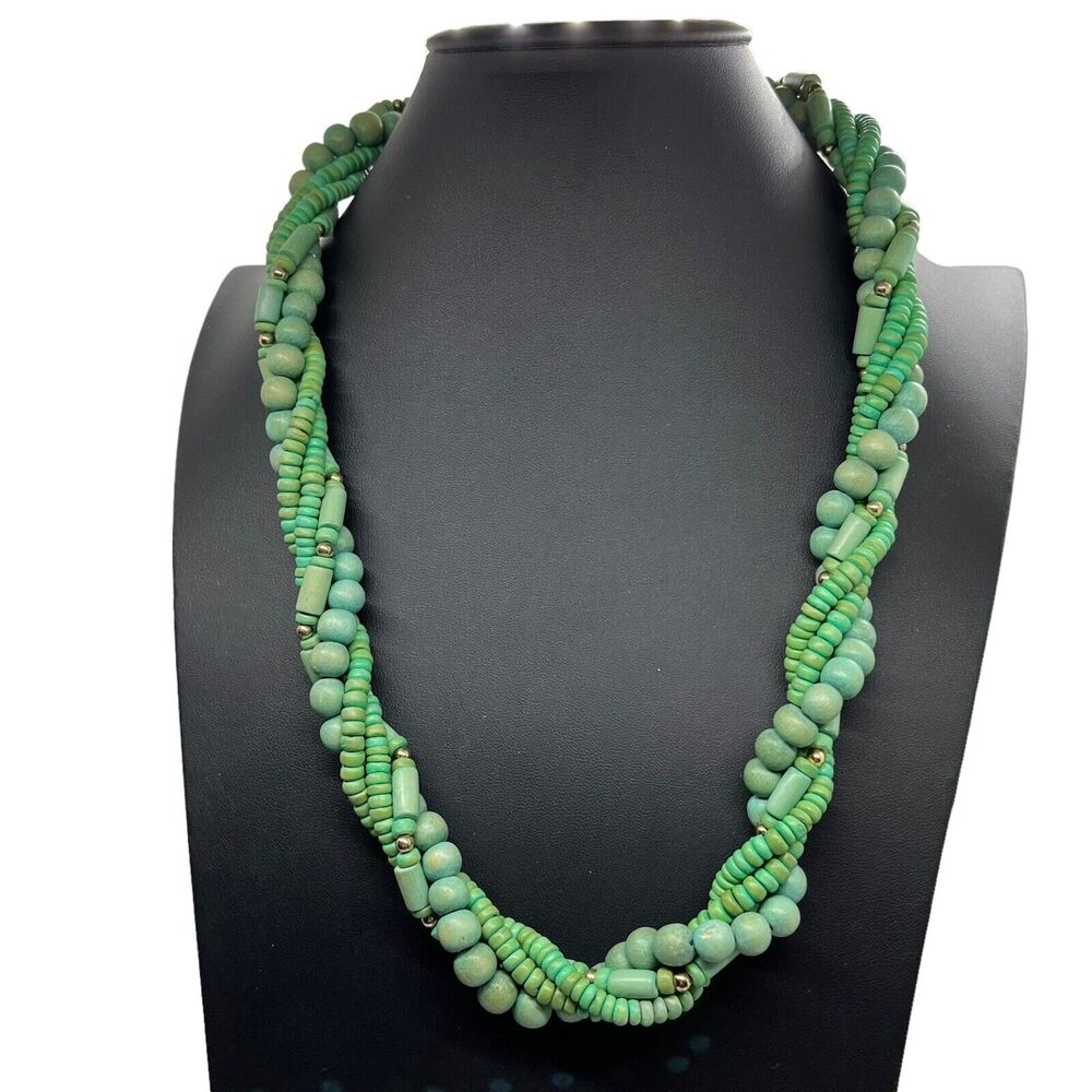 Green Wooden Bead Twisted Necklace Vintage Retro Chic Bohemian 1980s Statement